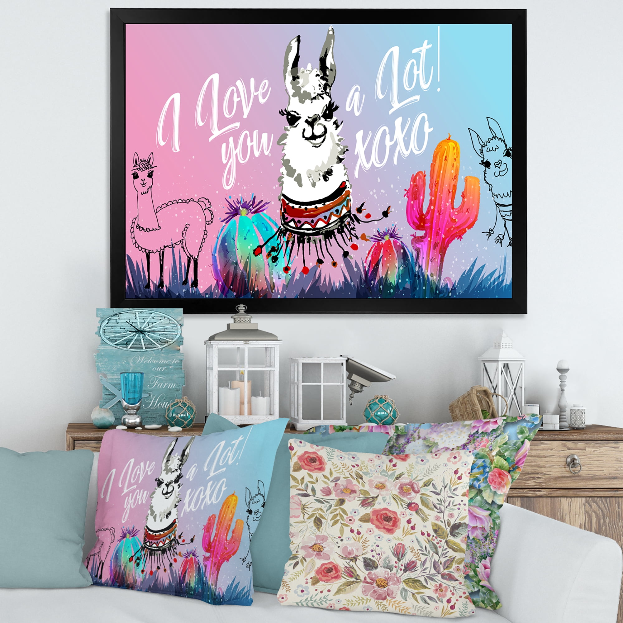 Designart 'I Love You A Lot Llama Alpaca Cartoon Portrait' Children's Art Framed Art Print