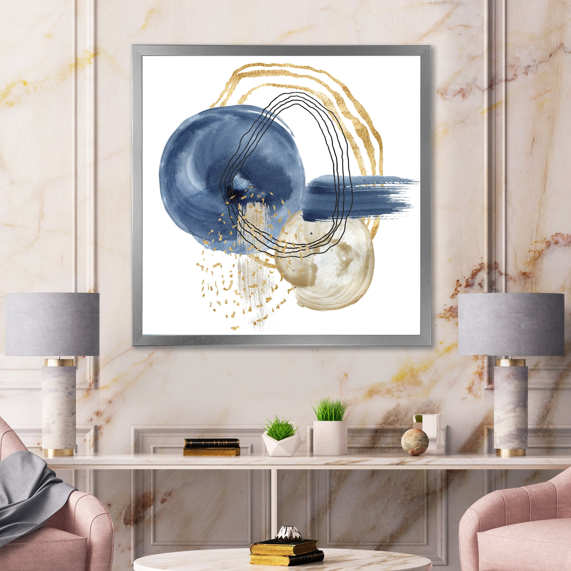 Designart 'Abstract Black and Dark Blue Gold Underwater Life' Modern Framed Art Print