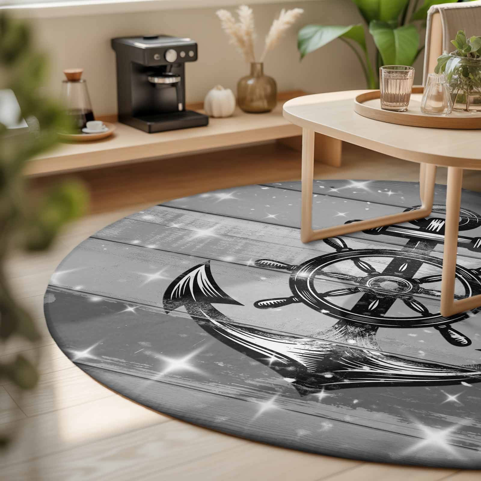 Small Round Rug 3Ft, Nautical Anchor Non-Slip Washable Circle Rugs Carpet, Rudder Stars Retro Black Grey Wooden Grain Indoor Outdoor Rug Floor Mats Throw Runner for Bedroom Living Room Bathroom