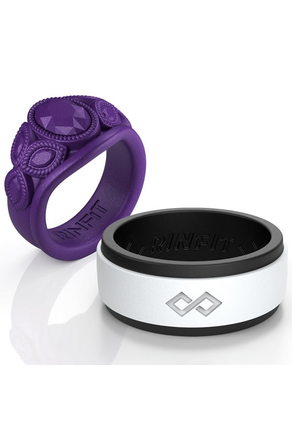 Silicone Rings for Women & Men - Couple Sets Rubber Wedding Bands - Black & White, Diamond Purple
