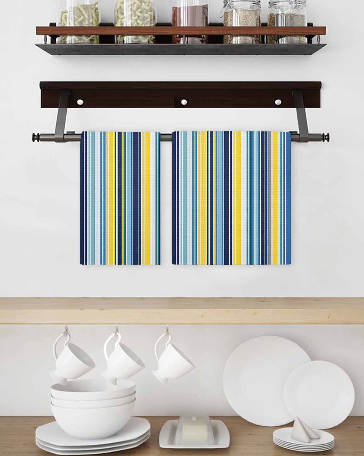 Blue Yellow Teal Stripes Kitchen Dish Towels for Drying Dishes Set of 4, Boho Colorful Ombre Texture Waffle Weave Microfiber Terry Hand Tea Bathroom Towels Quick Dry & Absorbent Towel 15.7x23.6