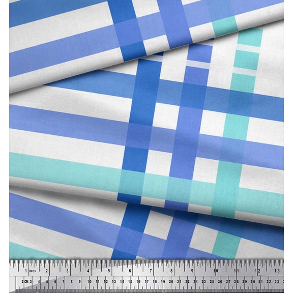 Soimoi Blue Crepe Silk Fabric Window Pane Check Printed Fabric 1 Yard 42 Inch Wide