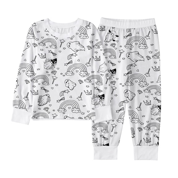 Halloween Pajamas Kids Size 4-5 Years Holiday Sleepwear Diy Print Long Sleeve Top with Pants Set Pjs for Girls White