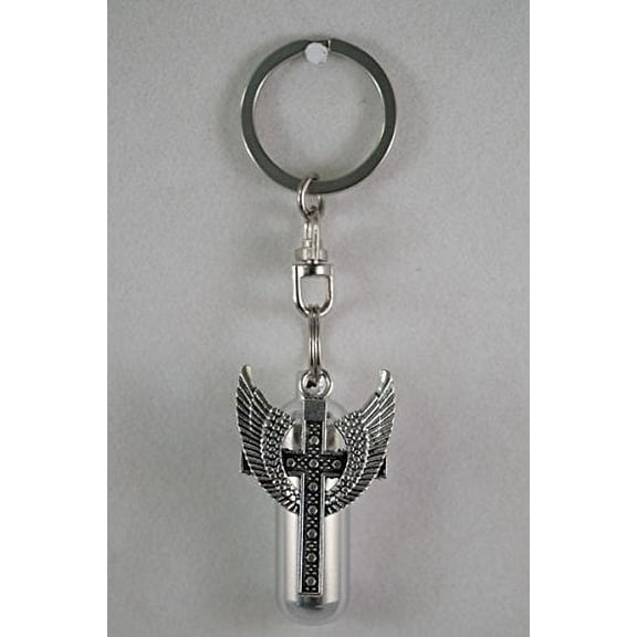 Engraved Silver Cremation Urn Keepsake - Large Winged Cross - on Swivel Stainless Steel Keychain