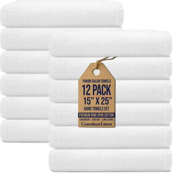 Canadian Linen Yukon Ensemble de Serviettes à Main, Lot de 12, 15"x25 Pouces, Serviette à Main Légère à Séchage Rapide, Douce et Absorbante en Coton pour Hôpital, Soins Infirmiers, Accueil, Blanc