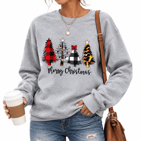 KimSoong Women Merry Christmas Sweatshirt Plaid Leopard Tree Graphic Long Sleeve Pullover Xmas Lightweight Holiday Tee Tops