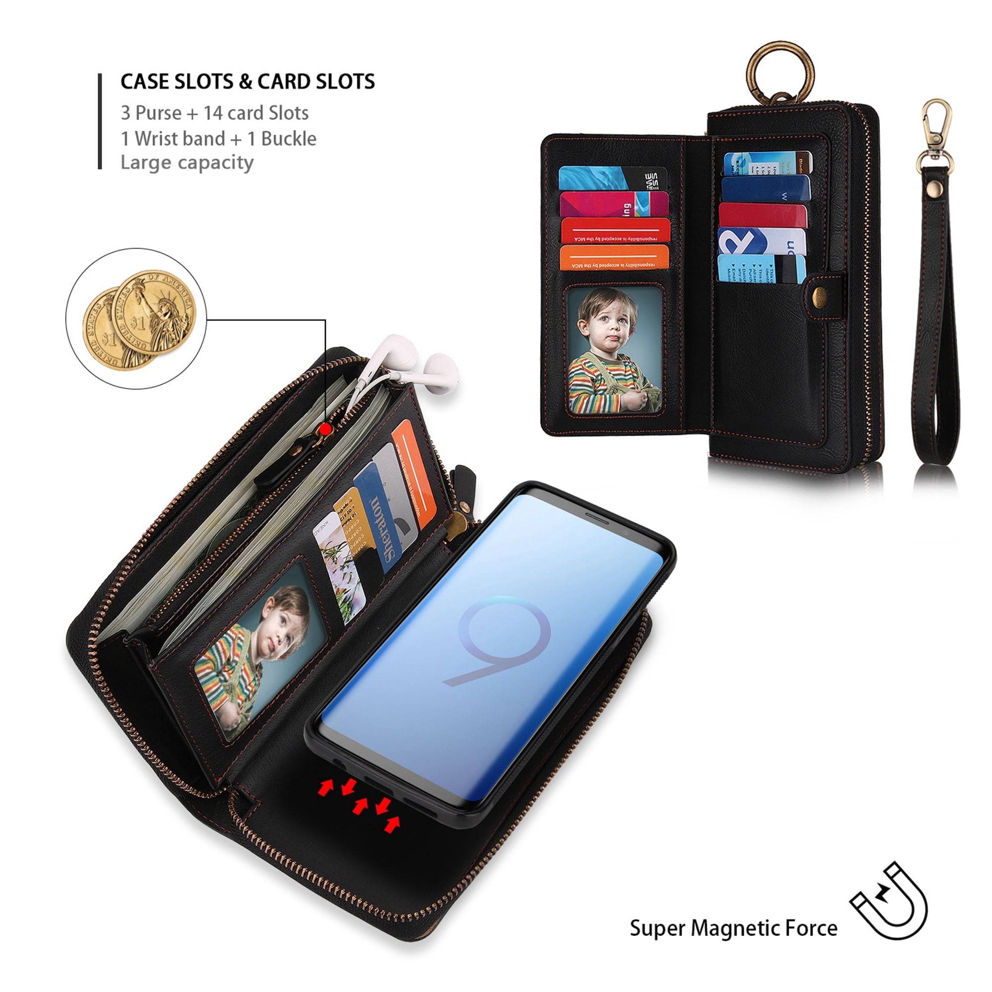 Galaxy S9 Wallet Detachable Case, Dteck [wrist band][14 Card Slots] Zipper Purse Phone Case Multi-functional Folio Flip PU Leather Removable Magnetic Back Cover For Samsung Galaxy S9,Black
