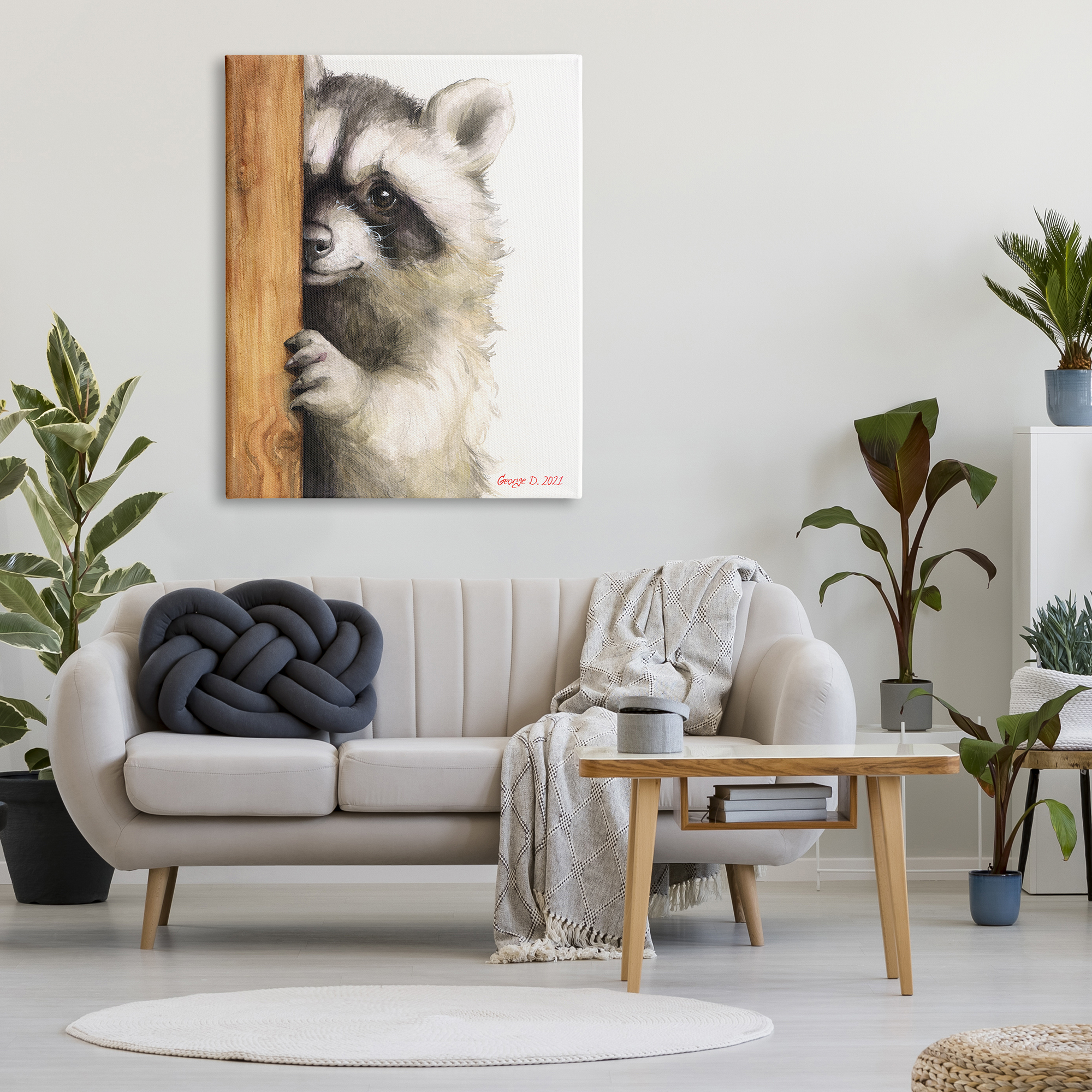 Stupell Industries Peering Raccoon Cute Smile Watercolor Animal Painting Painting Gallery Wrapped Canvas Print Wall Art, Design by George Dyachenko