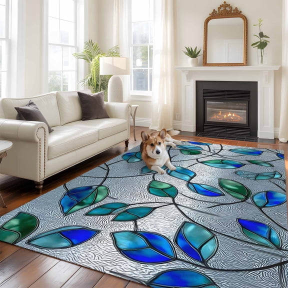 Glass Leaves Large Area Rugs 8x10 ft Abstract Blue Green Ombre Leaf Glass Splicing Washable Rug Non Slip Indoor Carpet Absorbent Floor Mat for Living Room Bedroom Dining Room