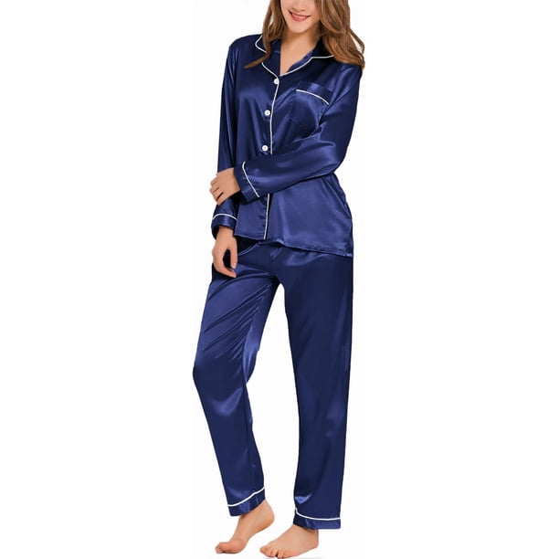 Conjunto de pijama para mujer, de manga larga, de satén de seda, con botones suaves, ropa de dormir para estar en casa