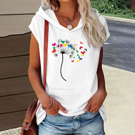 Hoodies for Womens Casual Loose Sweatshirts Summer Sport Short Sleeve Hooded Top Fashion Printing Vest Tops Lightweight Drawstring Pullover with Pocket