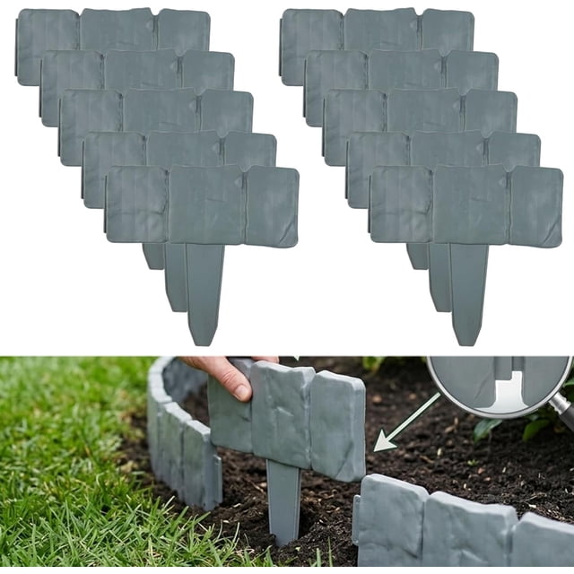 Imitation Stone Garden Fence, DIY Faux Stone Landscape Edging Border for Landscaping, Plastic Retaining Garden Fence, Interlocking No-Dig Decorative Lawn Edging