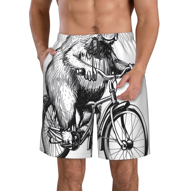 Saiise Capybara Riding Bicycle Print Men's Swim Trunks Hawaiian Bathing Suit Swimsuits Beach Shorts with Pockets-Large