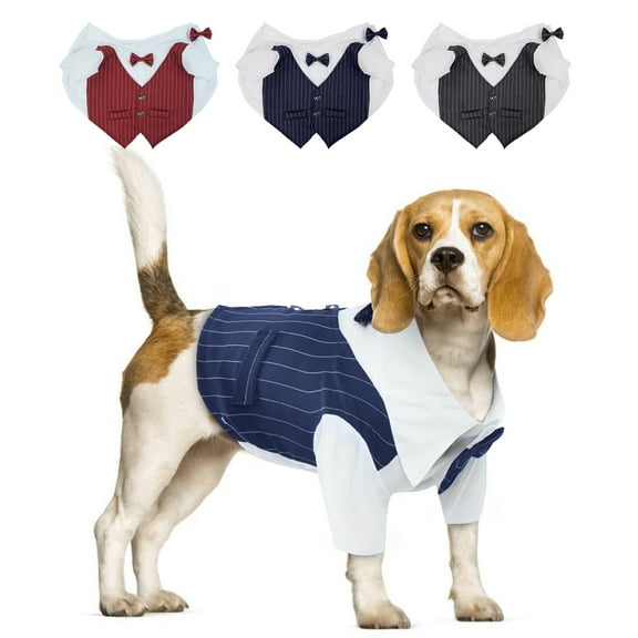 QBLEEV Striped Dog Tuxedo Suit with Tie for Wedding Birthday Party, Dog Suit Bow Tie Costume,Gentleman Dog Wedding Party Suit Pet Clothes for Small Dogs (navy BLUE, S)