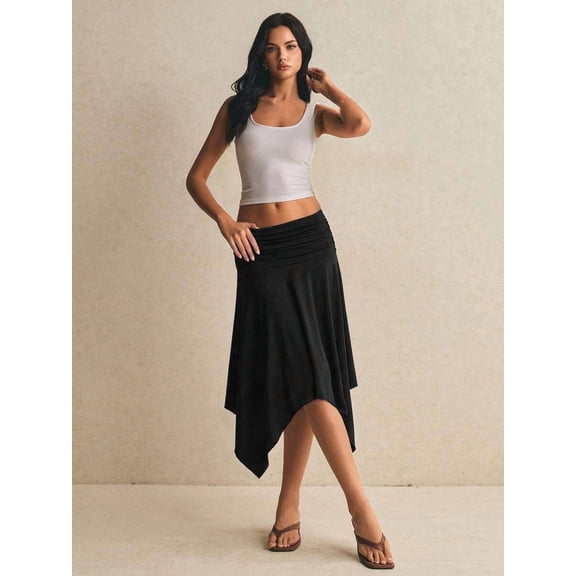 Women's Skirt, Elastic Waist Ruched Asymmetric Hem Midi Skirt, Fitted Flared Bottoms for Commute and Daily Wear