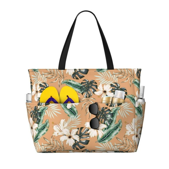 Large Beach Bags Water-resistant Sandproof - Flower Leaves Cute Beach Tote Bags for Women with Zipper