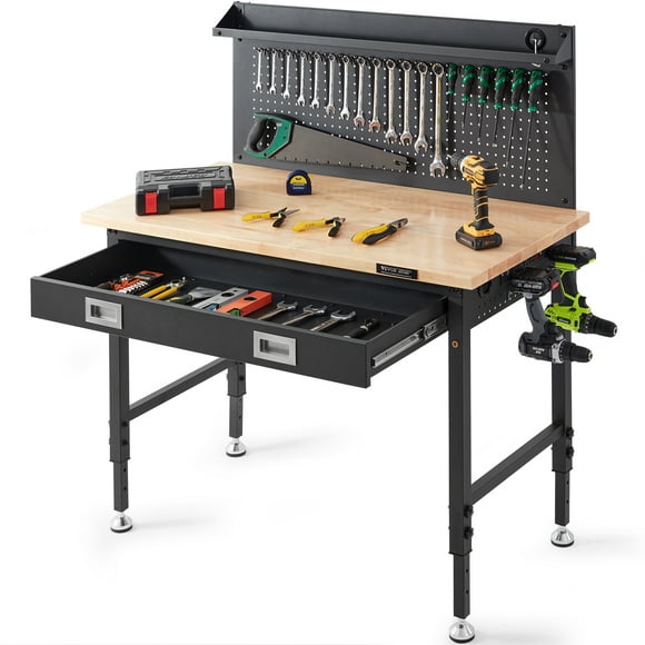 VEVOR Workbench Adjustable Height 28-39.5" Work Bench For Garage Oak Plank & Carbon Steel Heavy Duty Workbench 2000lbs Weight Capacity Bench top Size 48x24"