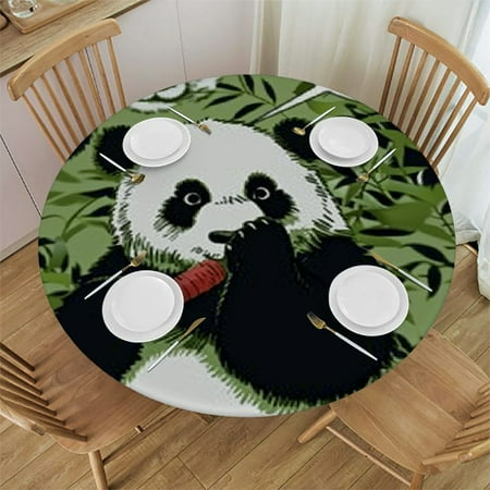 

BANET Fitted Round Tablecloth Pandas Cute Panda Bear Black and White Bear Cover Elastic Edged Table Cloth Fits Round Tables 54 -58