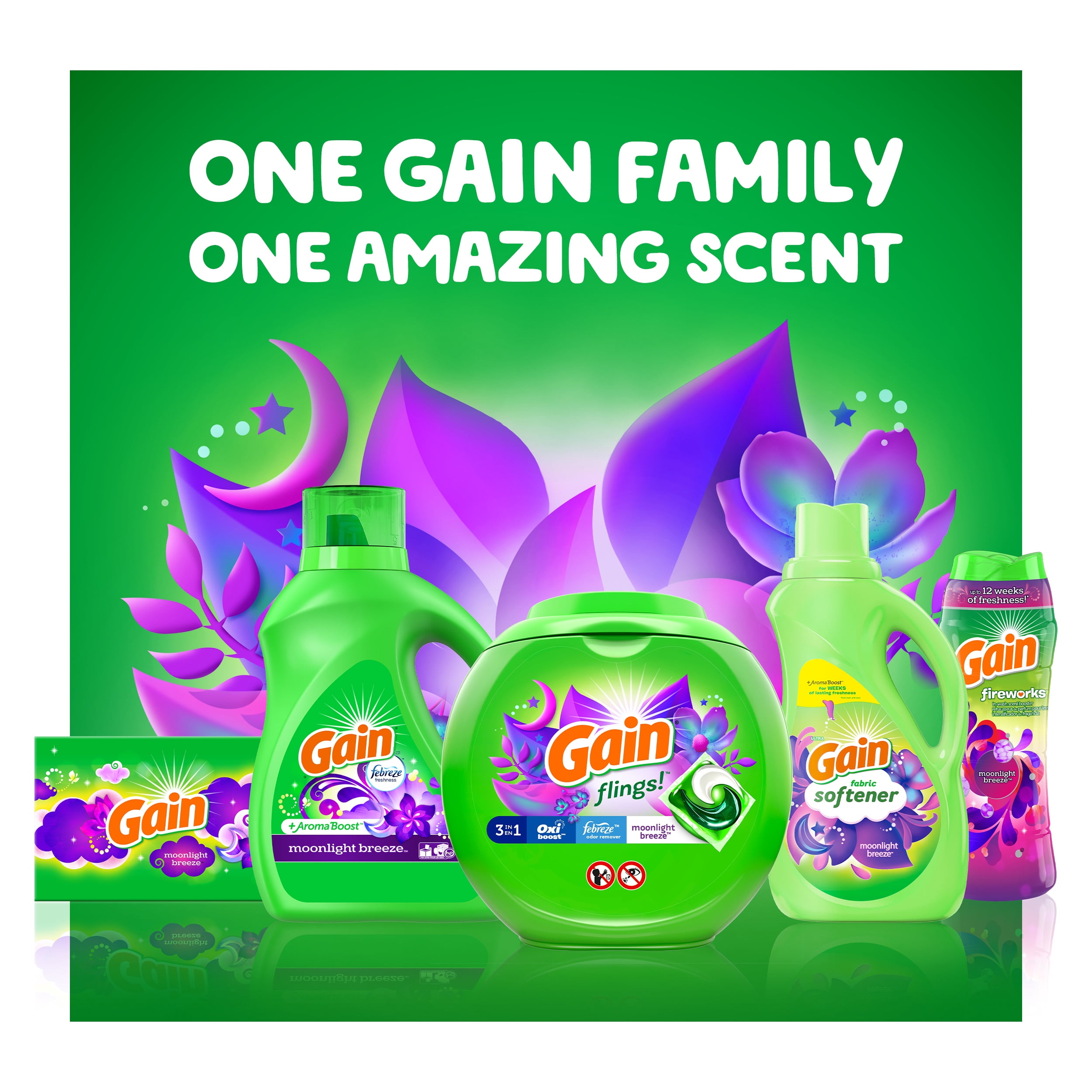 Gain Ultimate Scent Lovers Laundry Bundle with Gain Moonlight Breeze Liquid Laundry Detergent, In-Wash Scent Booster Beads, Liquid Fabric Softener, and Dryer Sheets