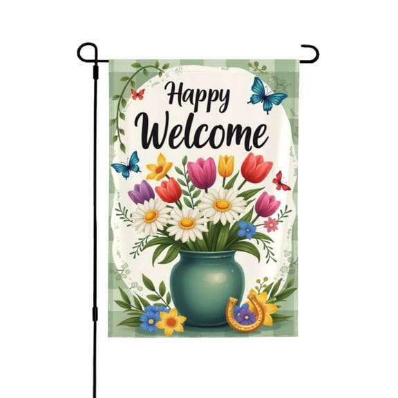 Happy Welcome Spring Garden Flag 12x18 Inch, Double Sided Floral Butterfly Tulip Daisy Garden Flag, Outdoor Yard House Decoration, Farmhouse Style