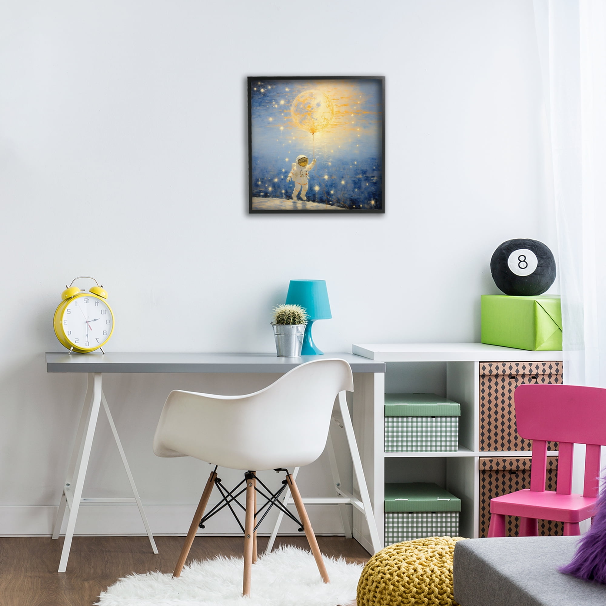 Astronaut with Dreamy Cosmic Balloon Black Framed Giclee Art, design by Angie Hawke