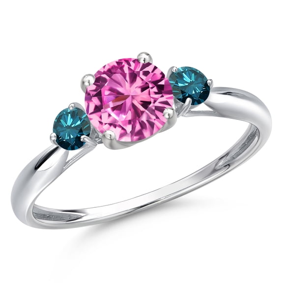 Gem Stone King 10K White Gold Pink Created Sapphire and Blue Diamond 3-Stone Ring for Women | 1.20 Cttw | Round 6MM | Gemstone September Birthstone | Size 8