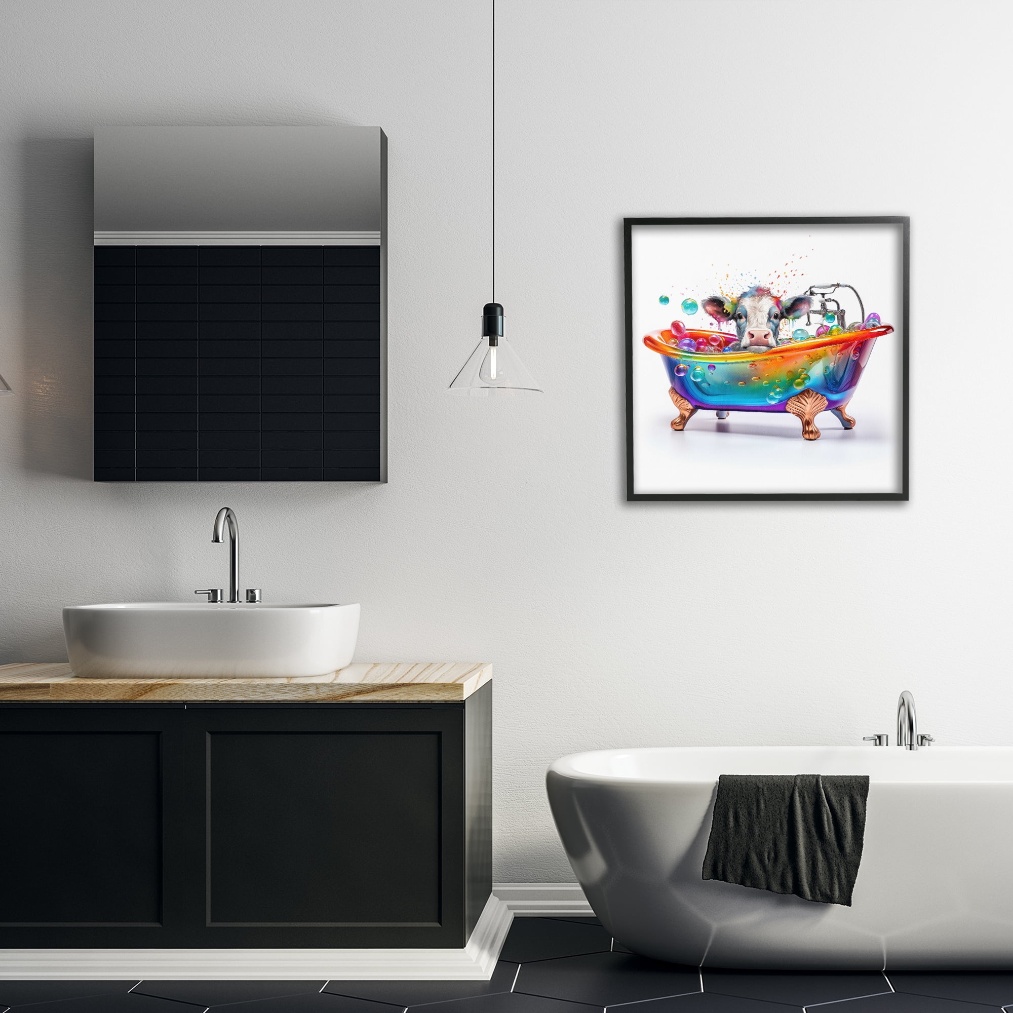 Stupell Industries Cow in Rainbow Bath Typography Painting Black Framed Art Print Wall Art, 24 x 24