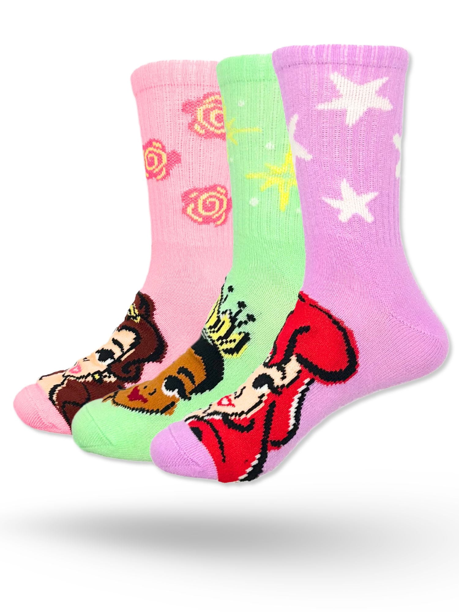 Disney Princess Girls Mid-Crew Socks, 3-Pack, Sizes S/M-M/L