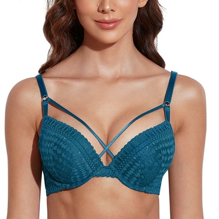Deyllo Women s Sexy Lace Push Up Bras Plunge Padded Underwire Support Bra Clearance  Enamel Blue 36D
