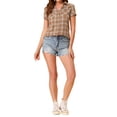 thumbnail image 2 of Camisas de cuadros para mujer INSPIRE CHIC con cuello de punta, blusas de algodón, tamaño S, marrón claro, 2 of 6