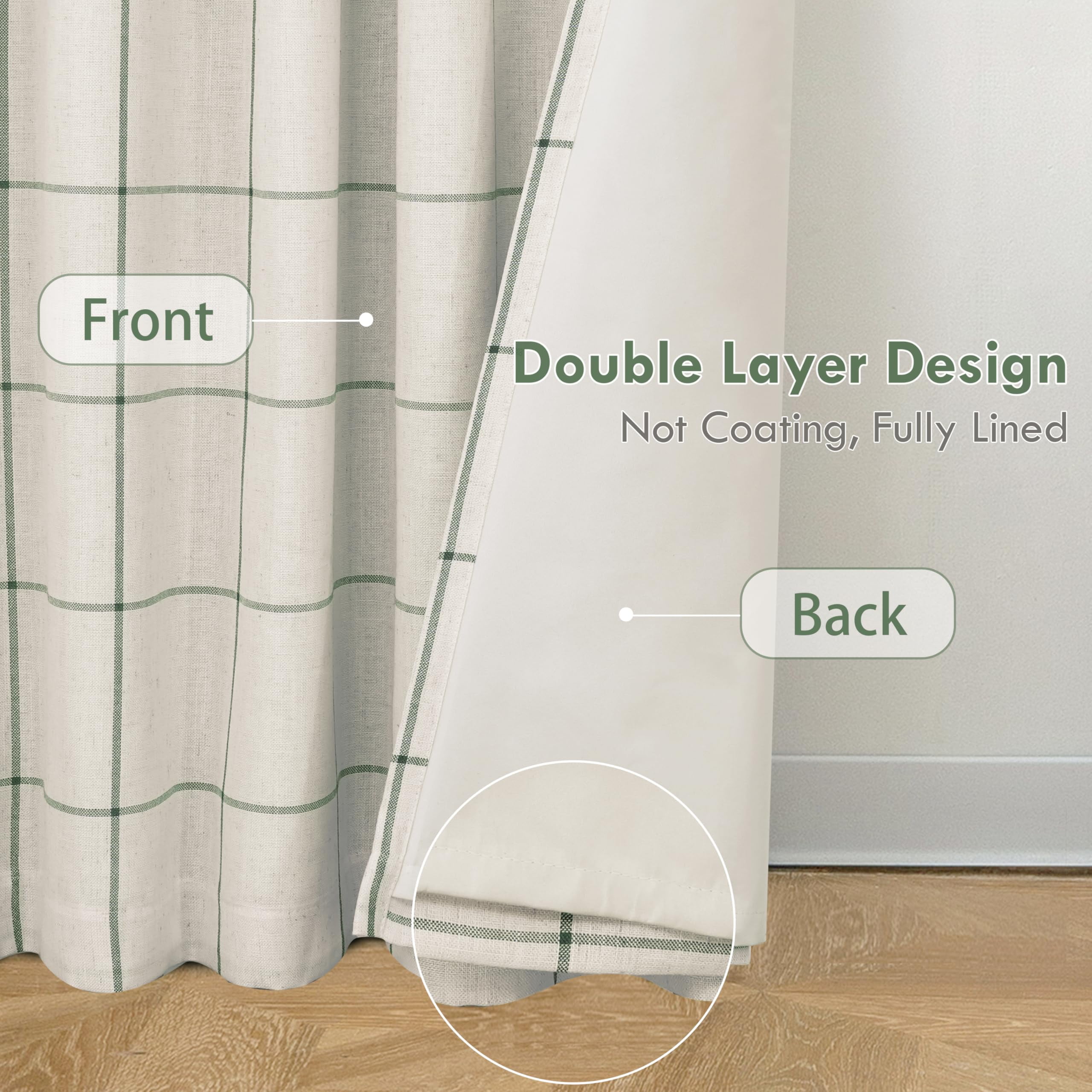 DriftAway 2 Panels 100% Blackout Windowpane Plaid Linen Curtains Double Layer Drapes for Bedroom 90 Inches Long Farmhouse Thermal Insulated 3.25 Inch Rod Pocket Back Tab for Living Room Loden Green