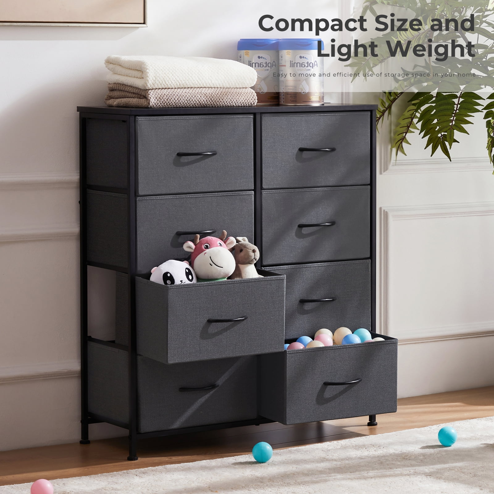 Aidoly Dresser for Bedroom, 8 Storage Drawers, Anti-Tip Fabric Closet Chests Organizer Tower Furniture with Wooden Top Metal Frame for Clothes, Living Room, Hallway, Entryway, Grey