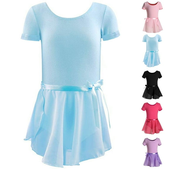 HAOTAGS Toddler Girls' Skirt Suits, Practice Suit Short Sleeve Solid Color Two-Piece Ballet Outfit Light Blue 4 T