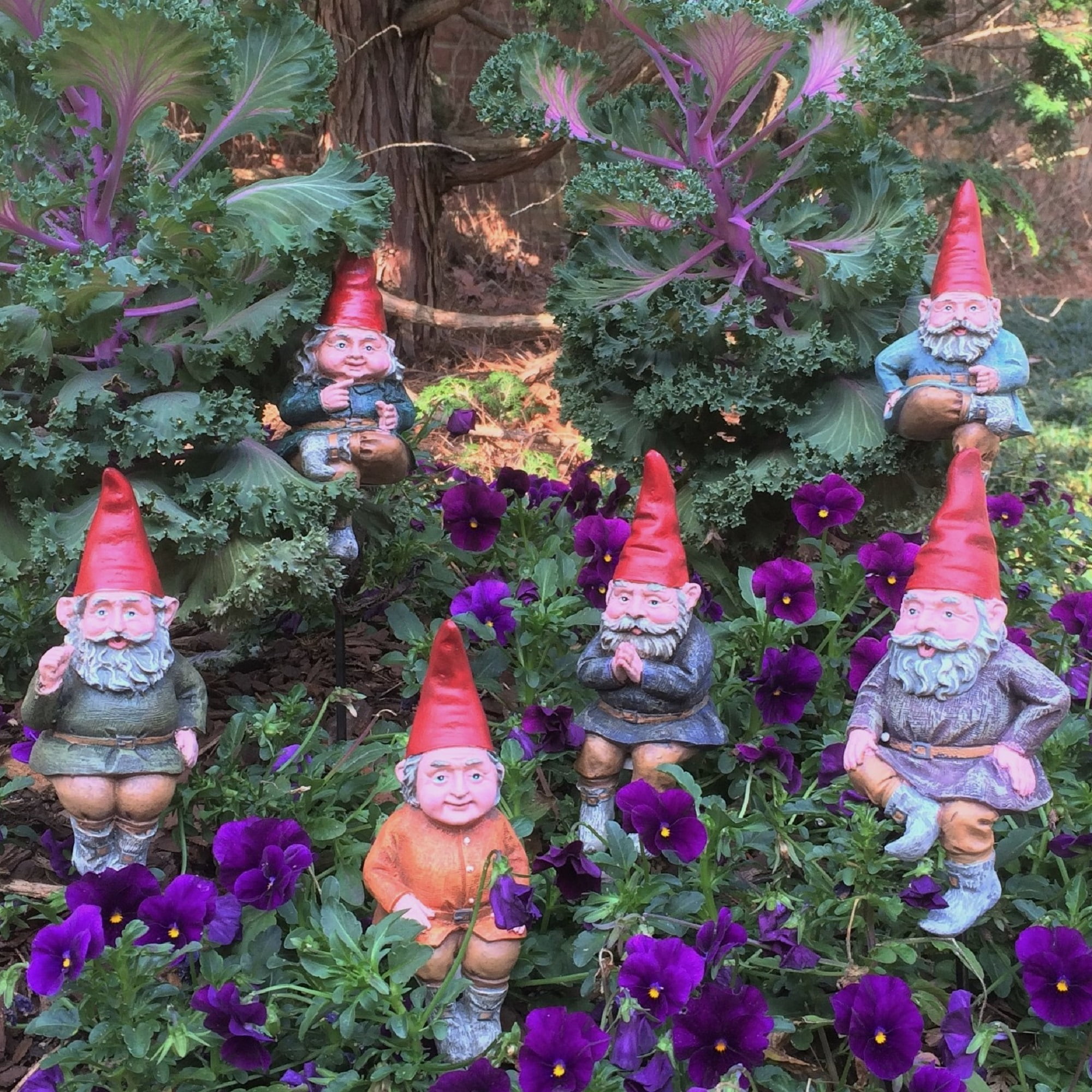 Homestyles Classic Old World Garden Gnome 6"H Shelf Sitter Assortment (1 each of 6 Styles) with Removable 8" Metal Garden Stake
