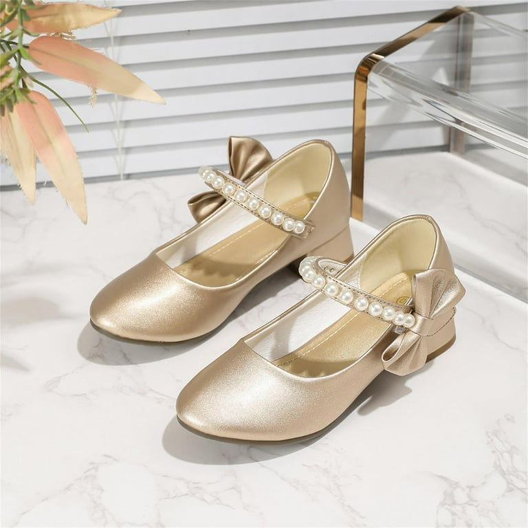 Atoguta Big Girls Dress Shoes Gold Kids Party Wedding Shoes with Bowknot Back to School Princess Shoe, Girl's, Size: 2 Big Kid