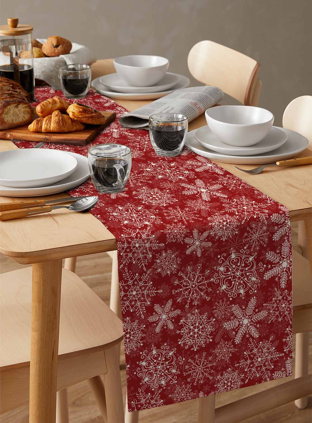 Red Snowflake Christmas Burlap-Cotton Table Runner 90 Inches Long,Xmas Snowflake Vintage Farmhouse Table Runners,Outdoor Dining Tablecloths Decor for Baby Shower Party Wedding 13x90