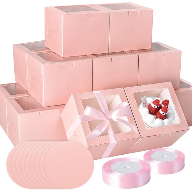 Cajas Mini para Pastel con Bases, Caja de Panadería Rosa con Ventana para Dulces Postres Repostería