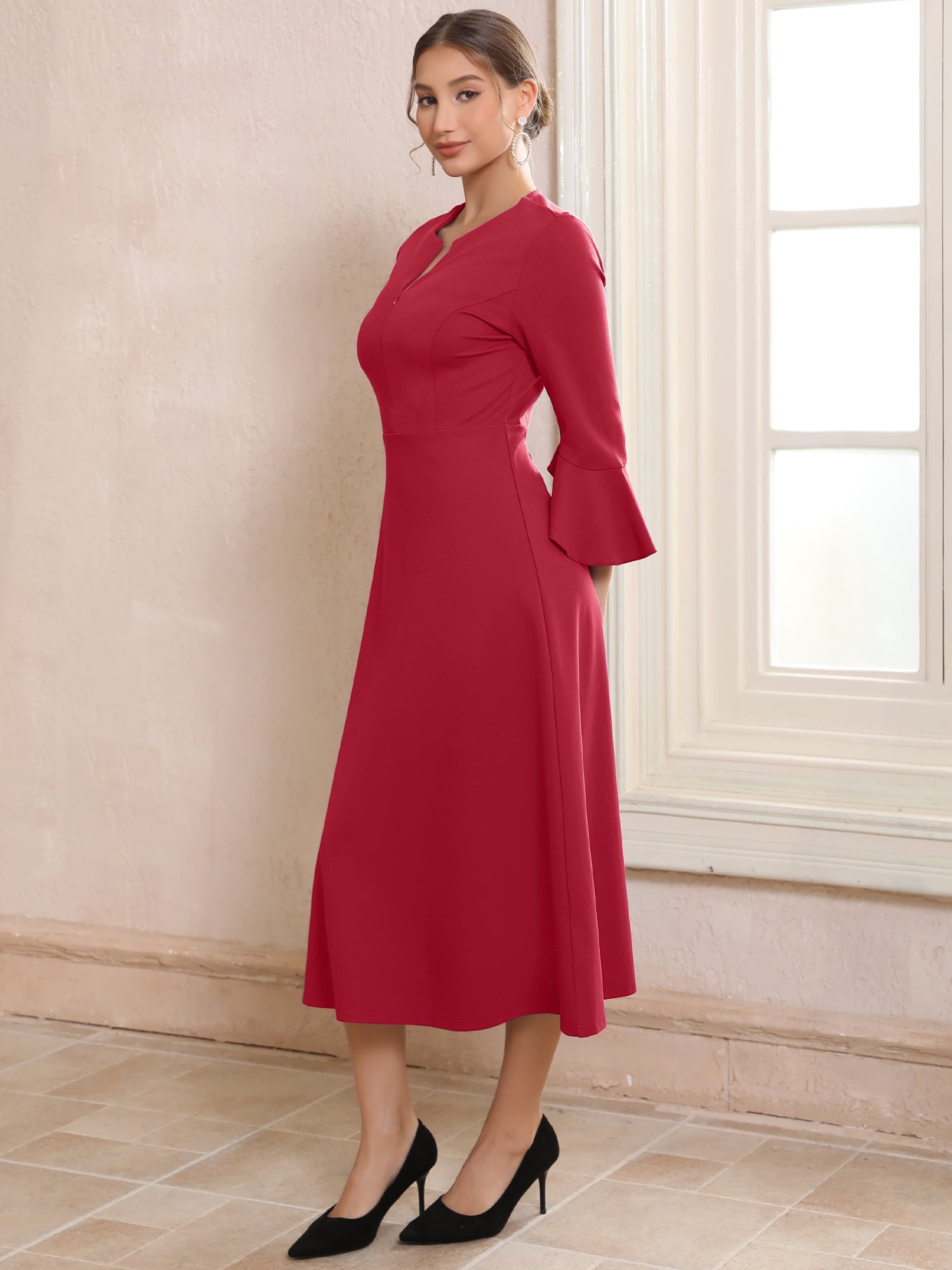 DARING DIVA Women's Zipper Front Bell Sleeves Midi A-Line Dresses 2XL Burgundy