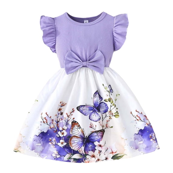Toddler Girls' Dresses Children Fly Sleeve Cartoon Prints Bowknot Clothes Flower Girl Dresses Size 2-3T
