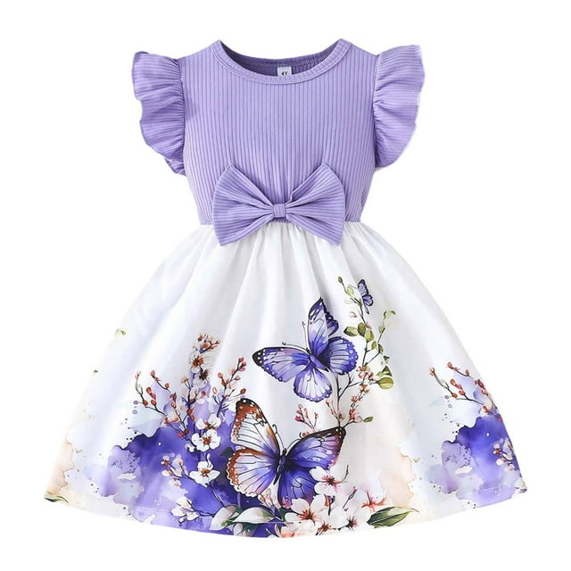 LUOGENLI Robe Enfant Fille Manches Volantes Imprimés Dessin Animé Nœud Vêtements Robe pour Filles Travail Tendance Violet 4-5 Ans