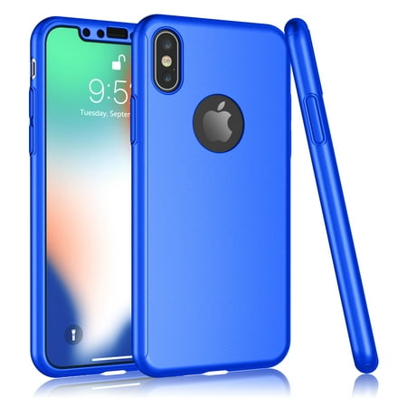 iPhone X Case, iPhone X Screen Protector, Tekcoo [T360] Ultra Thin Full Body Protection Hard Slim Hybrid Cover Shell With Tempered Glass Screen Protector For Apple iPhone X Apple iPhone X -Blue