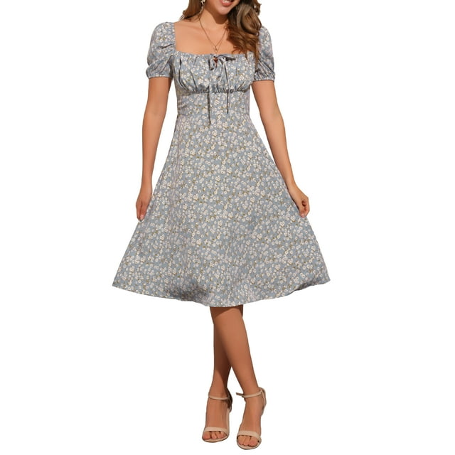 Vestido de mujer con fruncido, escote cuadrado, dobladillo con volantes y estampado floral XS gris azul