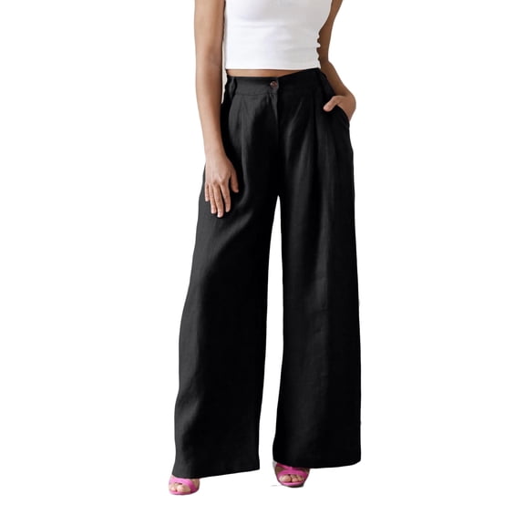 aohooy Women's Pants Linen Flowy Palazzo Button Waist Trousers with Pockets Wide Leg Summer Beach Vacation Pants Black,S