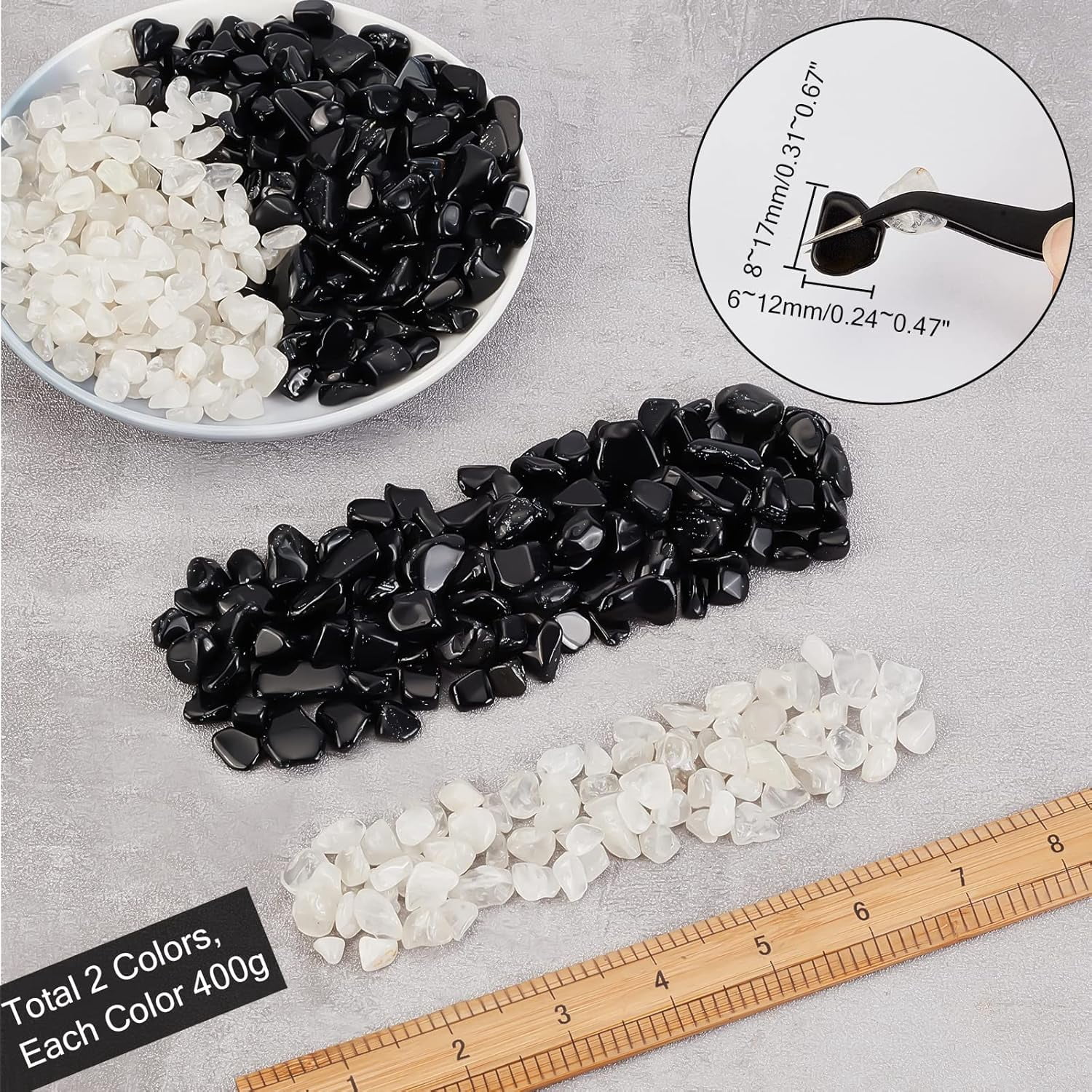 6~12mm White Quartz Rock Tumbled Chips Black Obsidian Tumbled Chip Stone for Indoor Plants Garden Aquarium Vase Plant Decoration for DIY