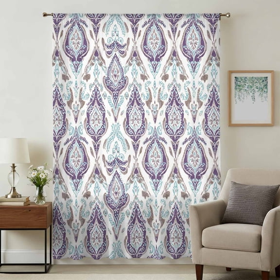 Blue Flower Sheer Curtains 72 Inches Long, Purple Vintage Moroccan Country Floral Light Filering Curtains, Breathable Simi Curtain Privacy Drapes for Living Room Bedroom Lightweight Window Treatment