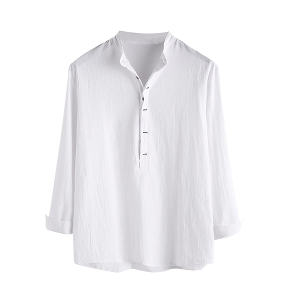 HAiming Men's Cotton Linen Shirts Solid Long Sleeve Stand Collar Button Tops Plus Size Casual Beach Loose Blouse