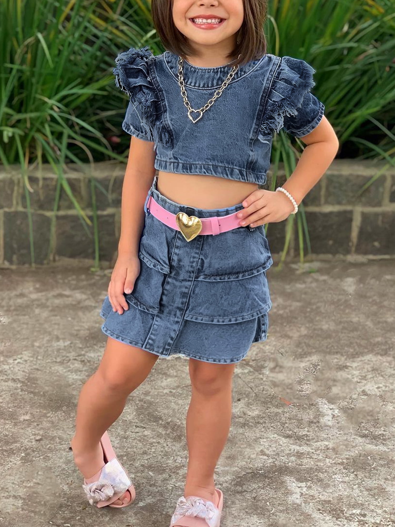 Toddler Kids Clothing Baby Girls Ruffle Crop Top and High Waist Layered Denim Shorts Skirts Outfits Clothes Set