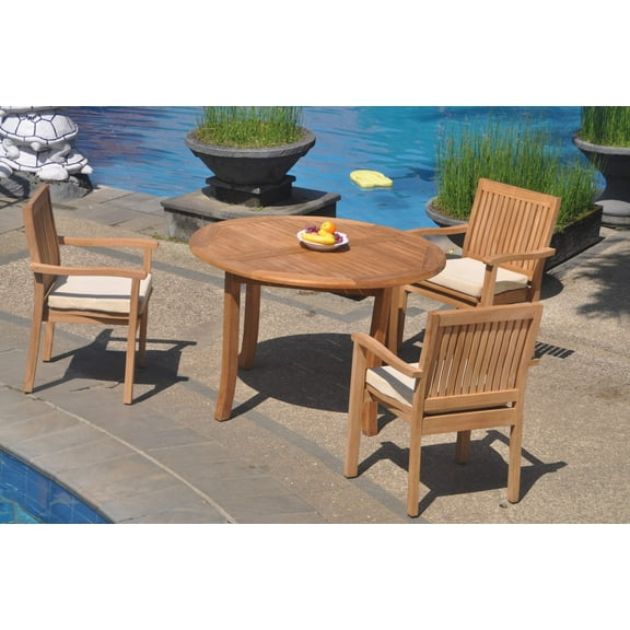 Grade-A Teak Dining Set: 3 Seater 4 Pc: 48" Round Table And 3 Leveb Stacking Arm Chairs Outdoor Patio WholesaleTeak #WMDSWVm