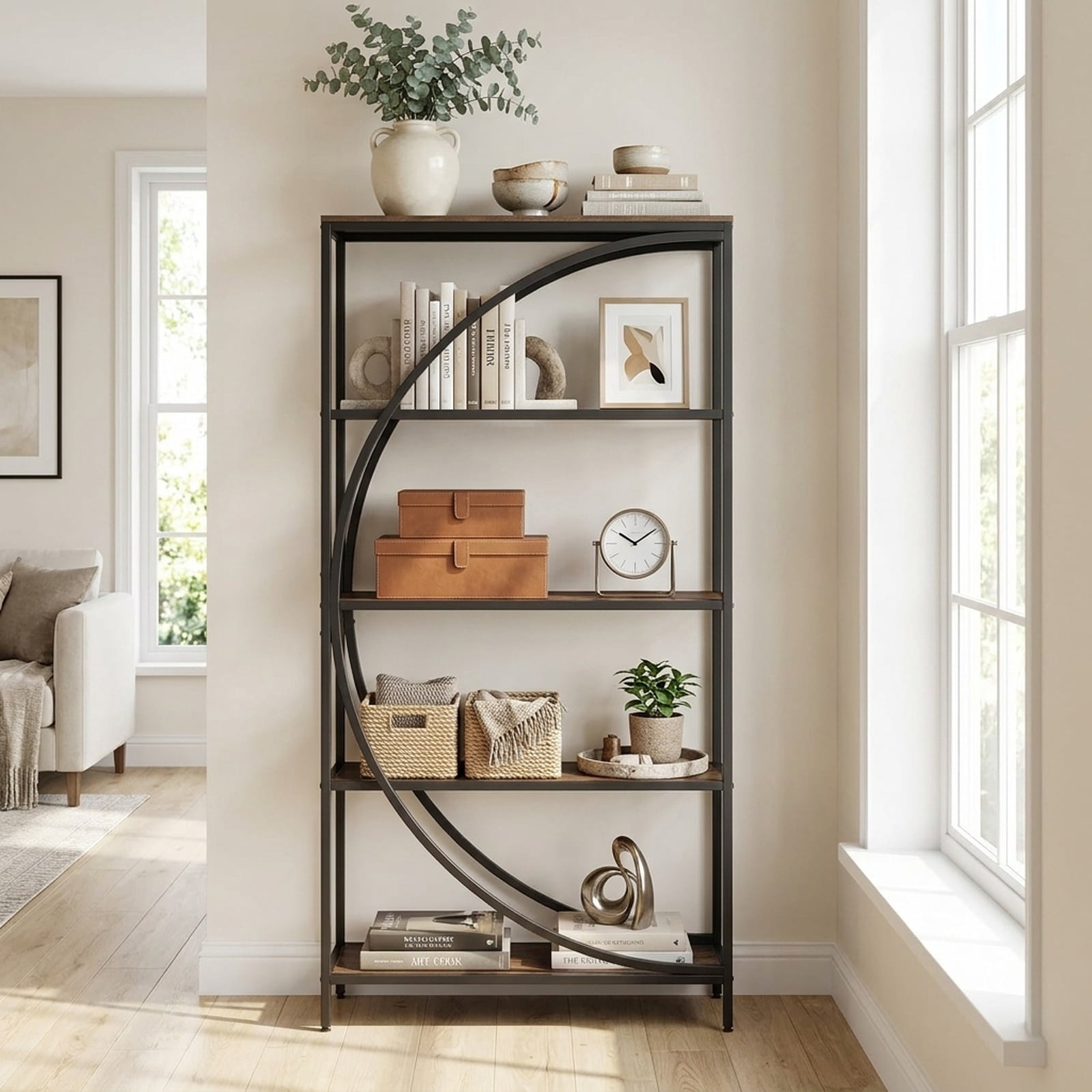Furnibear 5-Tier Bookshelf with Half-Moon Shape for Living Room and Home Office for Living Room Home Office Bedroom Display Storage, Rustic Brown