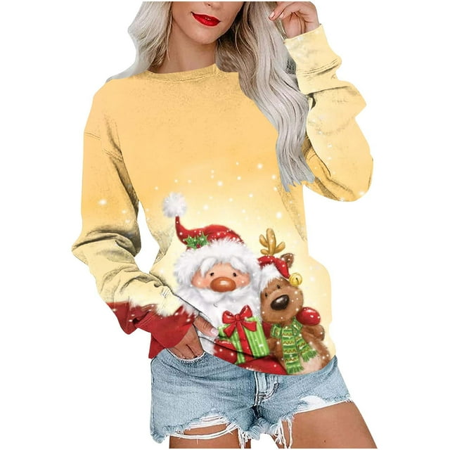 Chandails de Noël pour Femmes Mode Décontractée Hauts Manches Longues Imprimé de Noël Col Rond Couverture Chandail Chandail Chandails Chandails pour Adolescentes en Liquidation